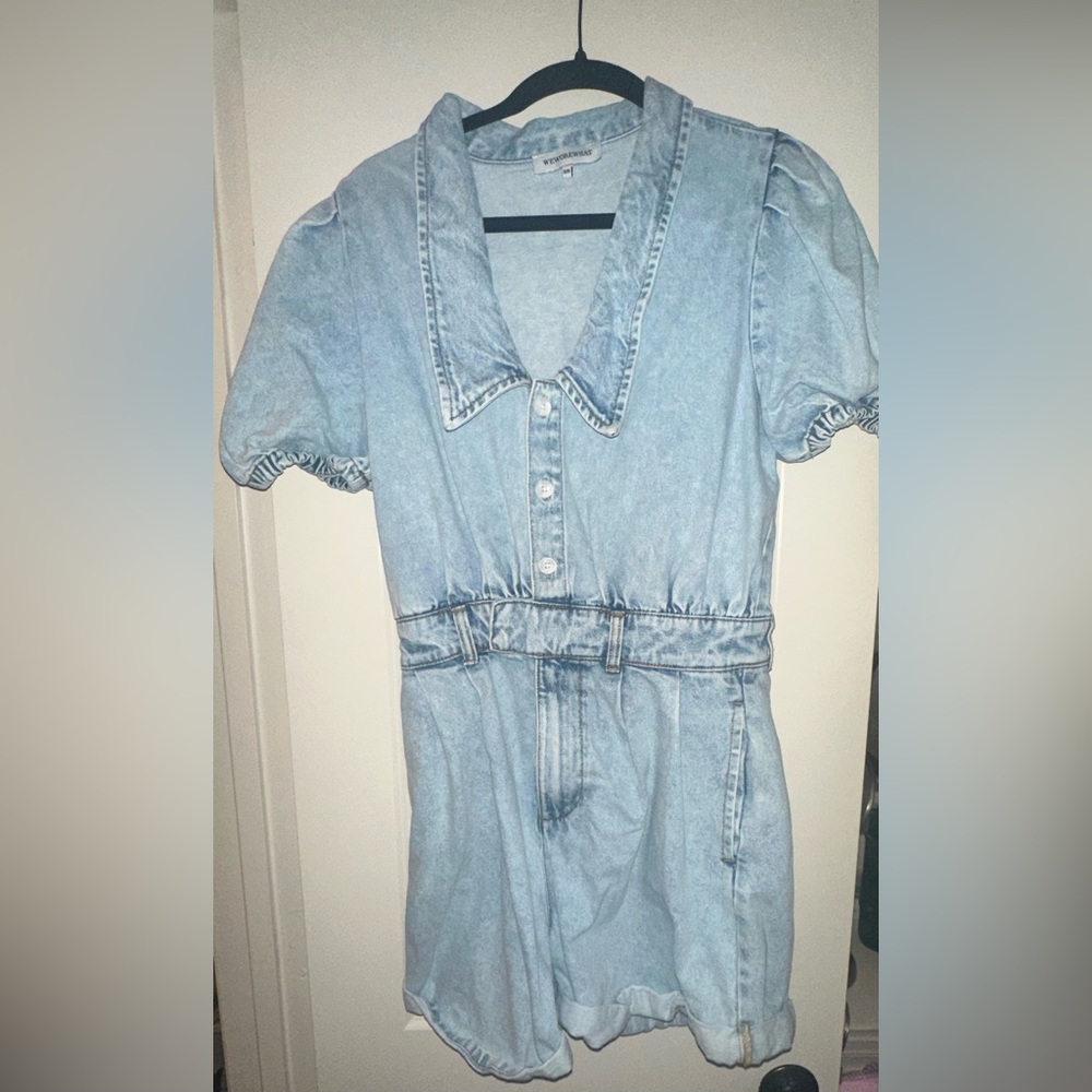 WeWoreWhat denim Romper with Peter Pan collar.